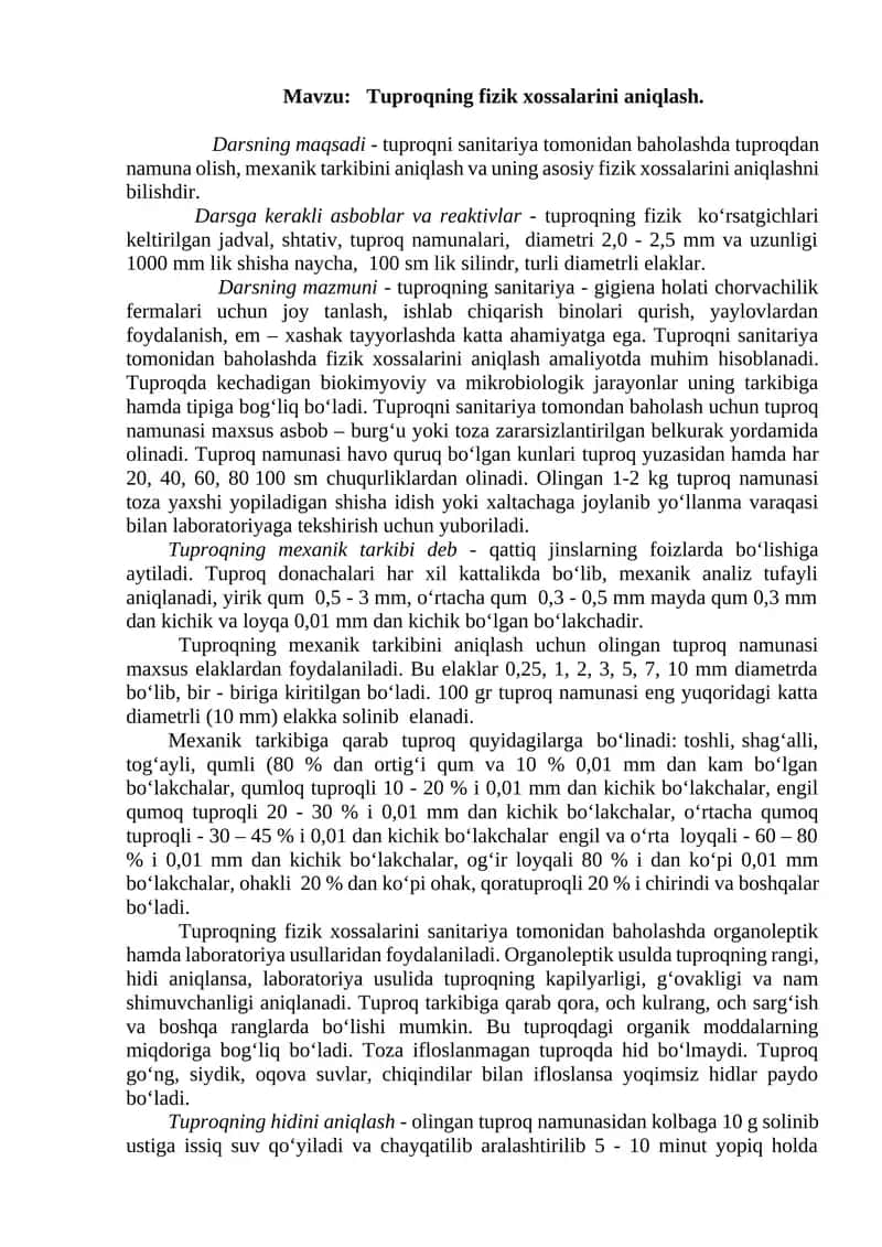 Tuproqning fizik xossalarini aniqlash 1