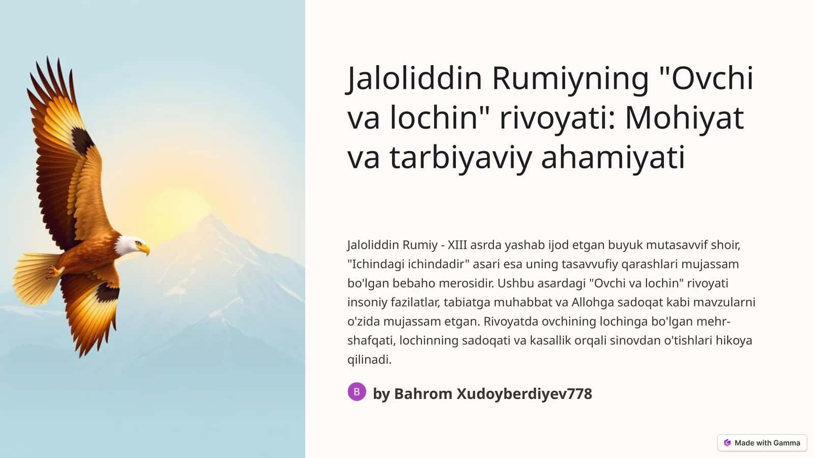 Jaloliddin Rumiyning "Ovchi va lochin" rivoyati: Mohiyat va tarbiyaviy ahamiyati 1