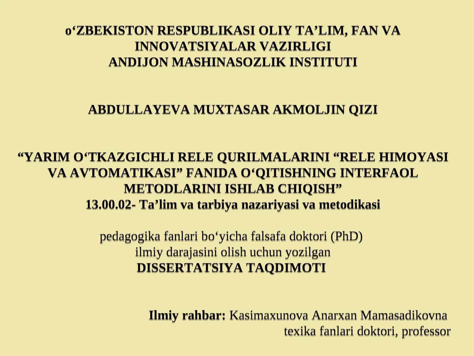 “YARIMO‘TKAZGICHLI RELE QURILMALARINI “RELE HIMOYASI VA AVTOMATIKASI” FANIDAO‘QITISHNING INTERFAOL METODLARINI ISHLAB CHIQISH” 1