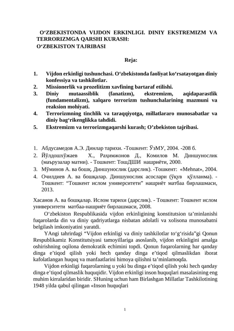 O‘ZBEKISTONDA VIJDON ERKINLIGI. DINIY EKSTREMIZM VA TERRORIZMGA QARSHI KURASH 1