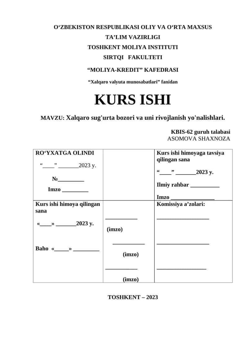 Xalqaro sug'urta bozori va uni rivojlanish yo'nalishlari 1