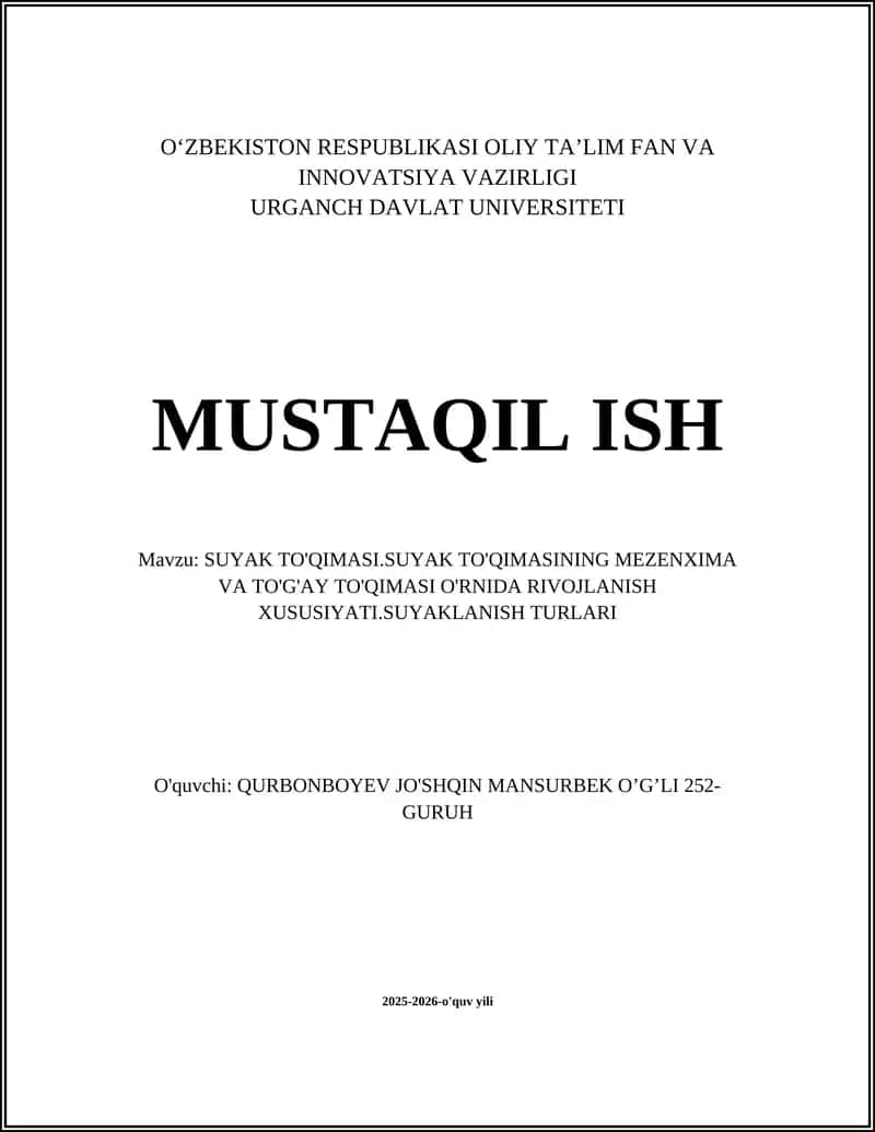 SUYAK TO'QIMASI.SUYAK TO'QIMASINING MEZENXIMA VA TO'G'AY TO'QIMASI O'RNIDA RIVOJLANISH XUSUSIYATI 1