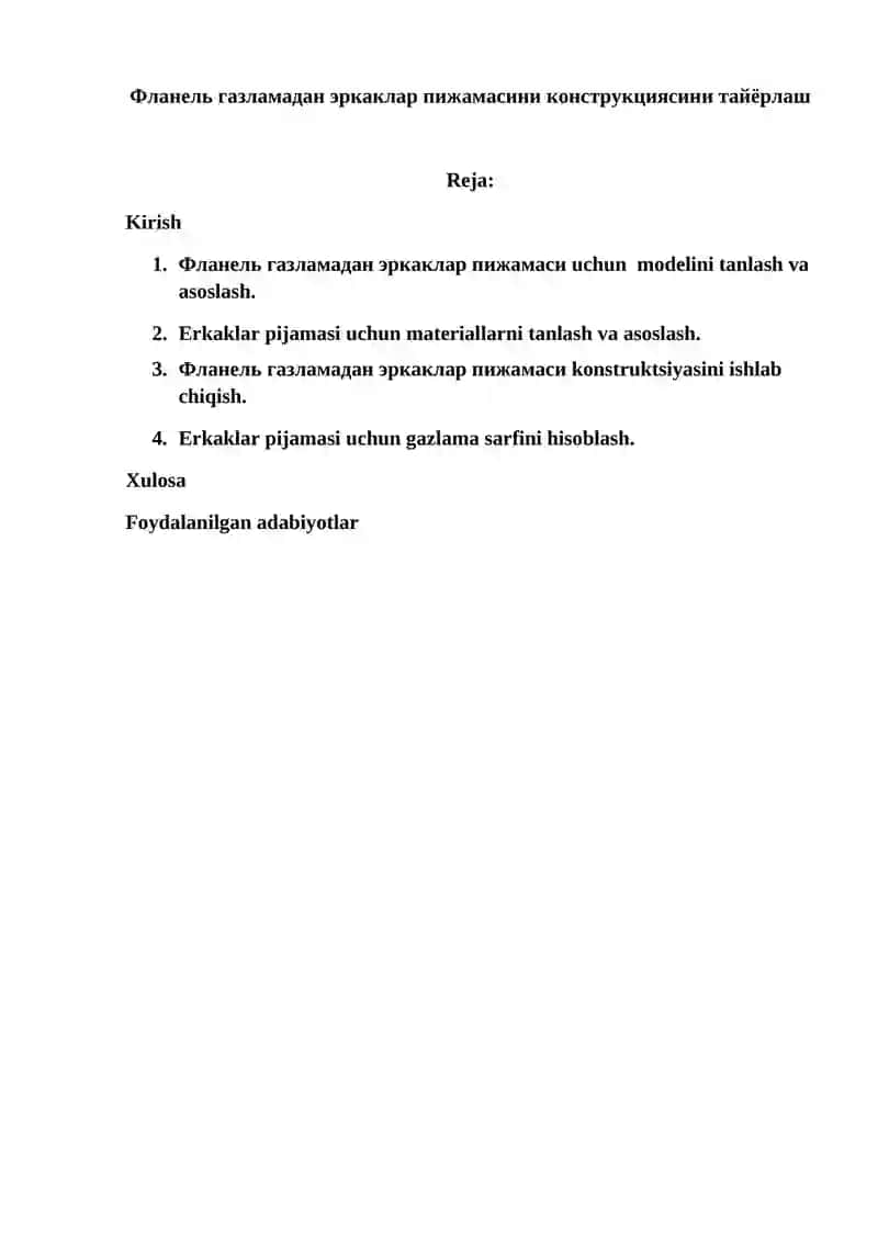 kurs ishi - erkaklar pijamasini ishlab hiqarish