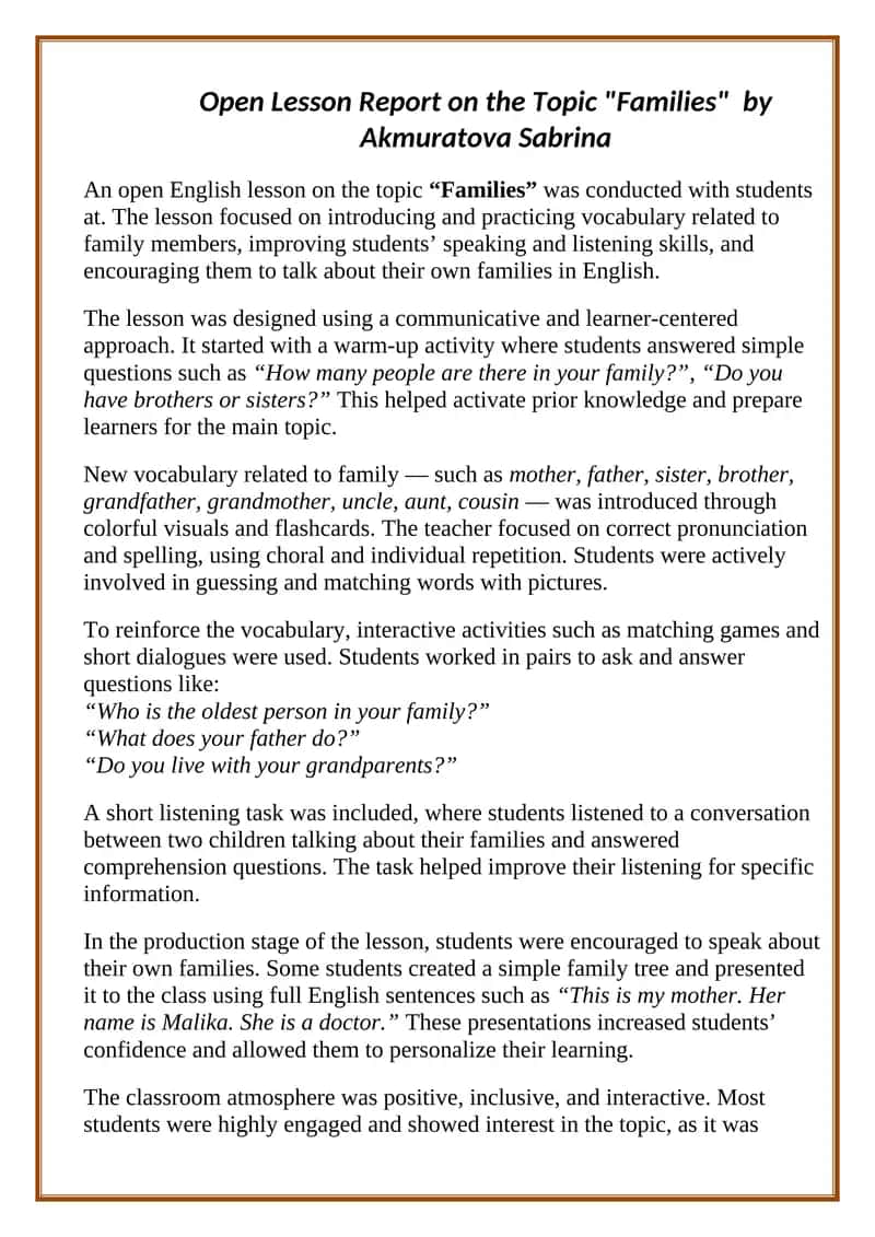 Open Lesson Report on the Topic "Families" by Akmuratova Sabrina 1