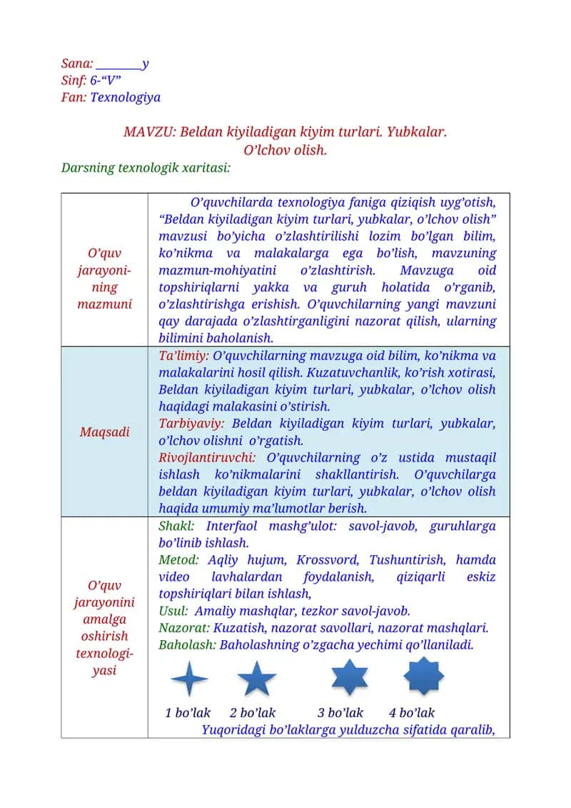 6-sinf texnologiya. Beldan kiyiladigan kiyim turlari. Yubkalar.  O’lchov olish. 1