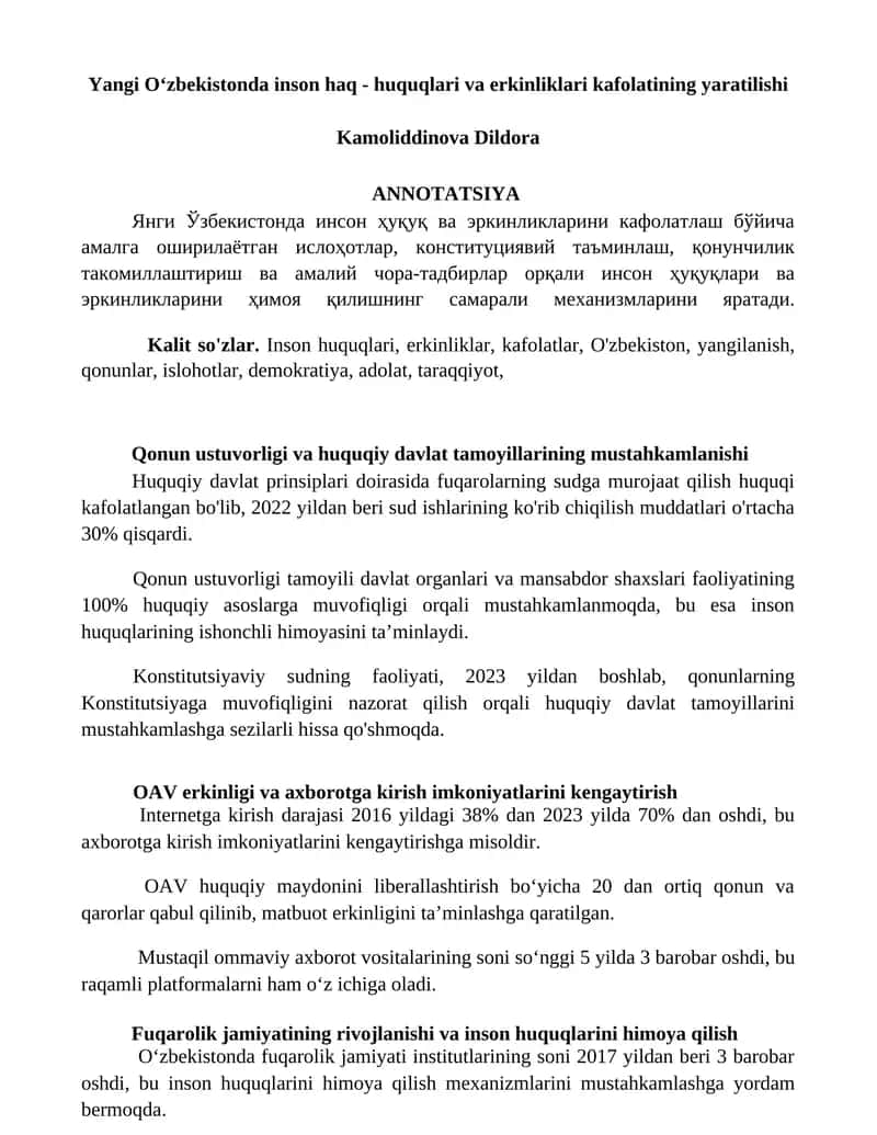 Yangi Oʻzbekistonda inson haq - huquqlari va erkinliklari kafolatining yaratilishi 1