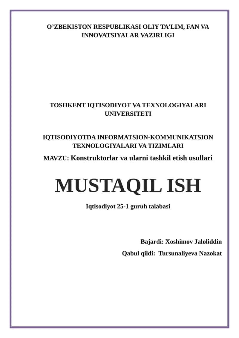 Konstruktorlar va ularni tashkil etish usullari 1