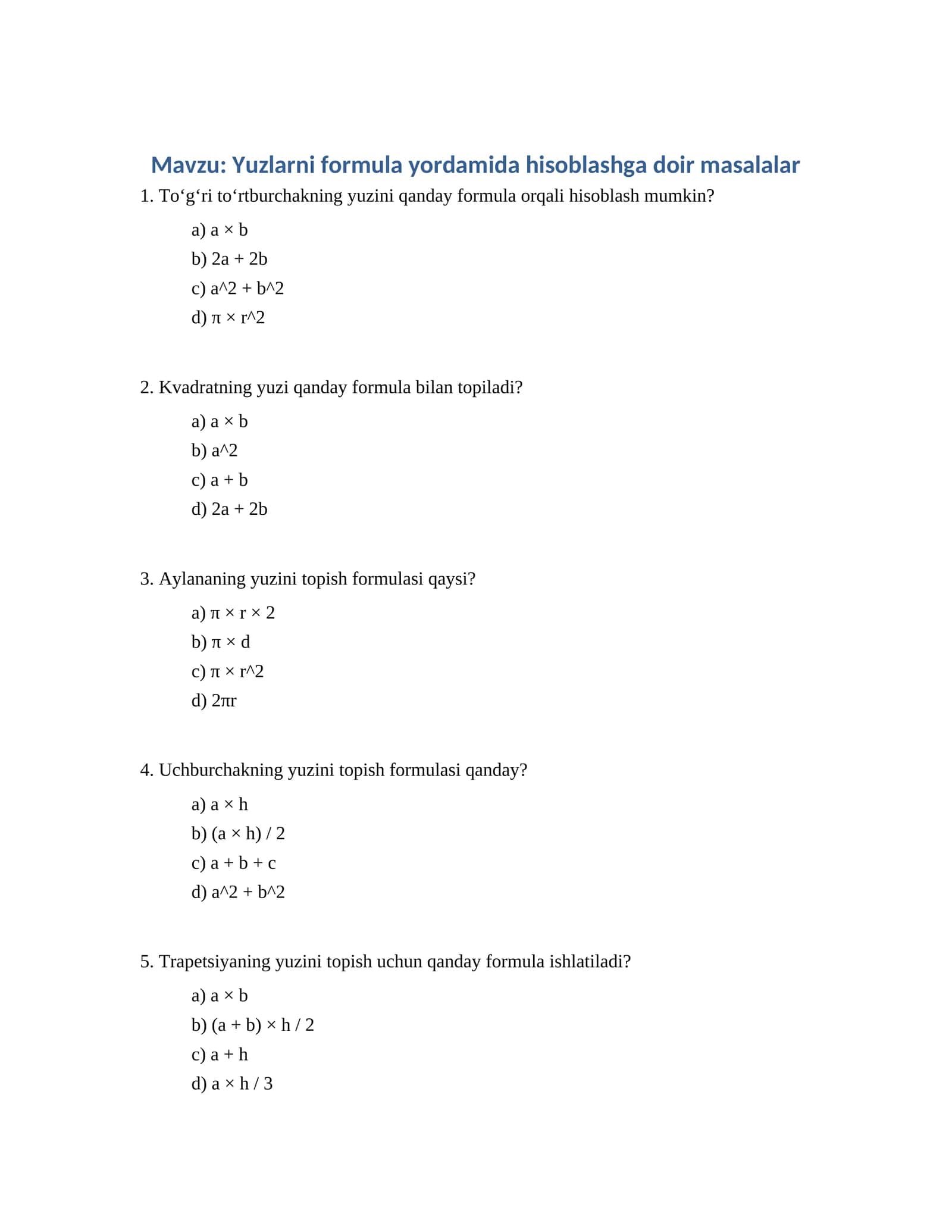Yuzlarni formula yordamida hisoblashga doir masalalar 1
