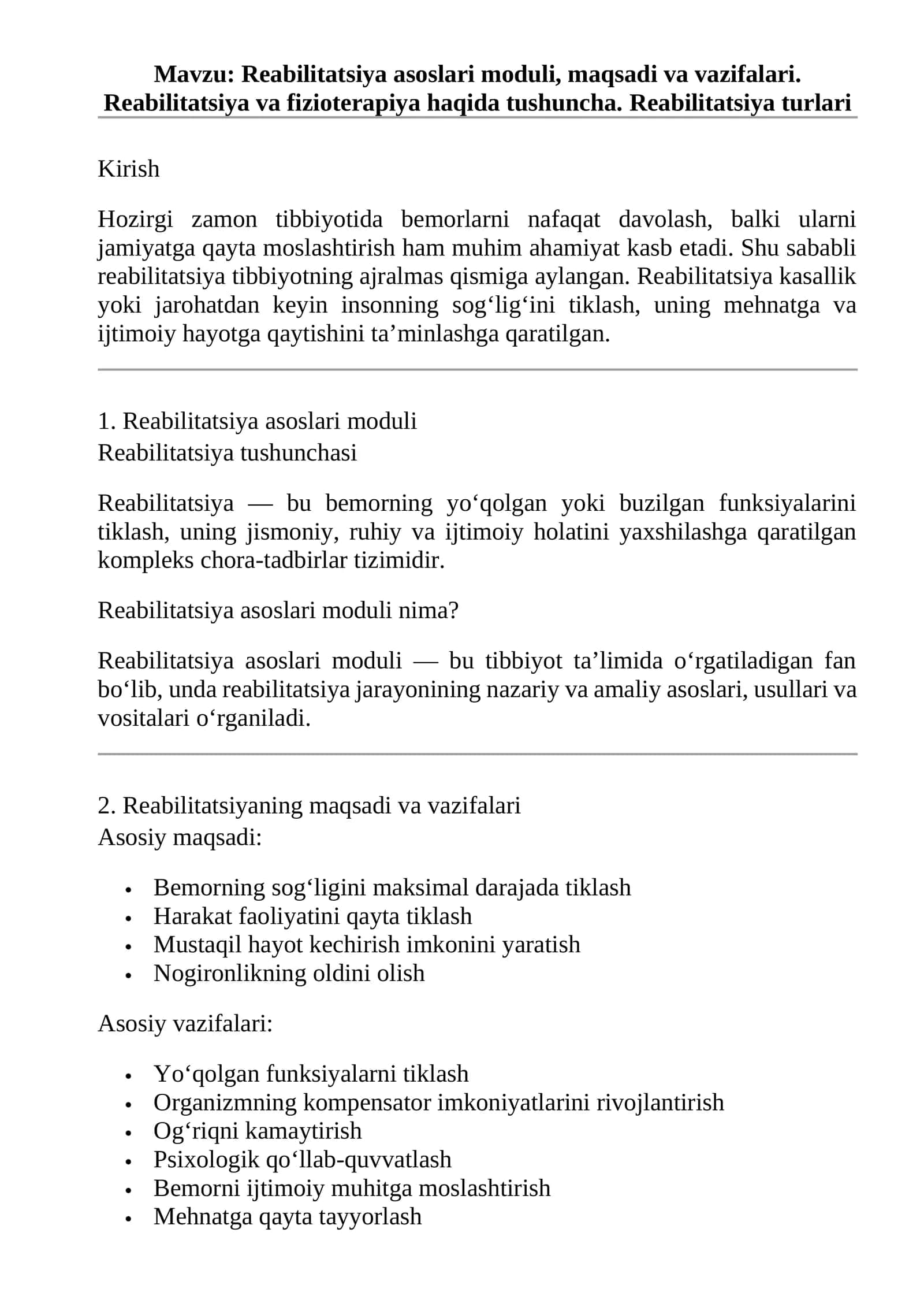 Reabilitatsiya asoslari moduli, maqsadi va vazifalari 1