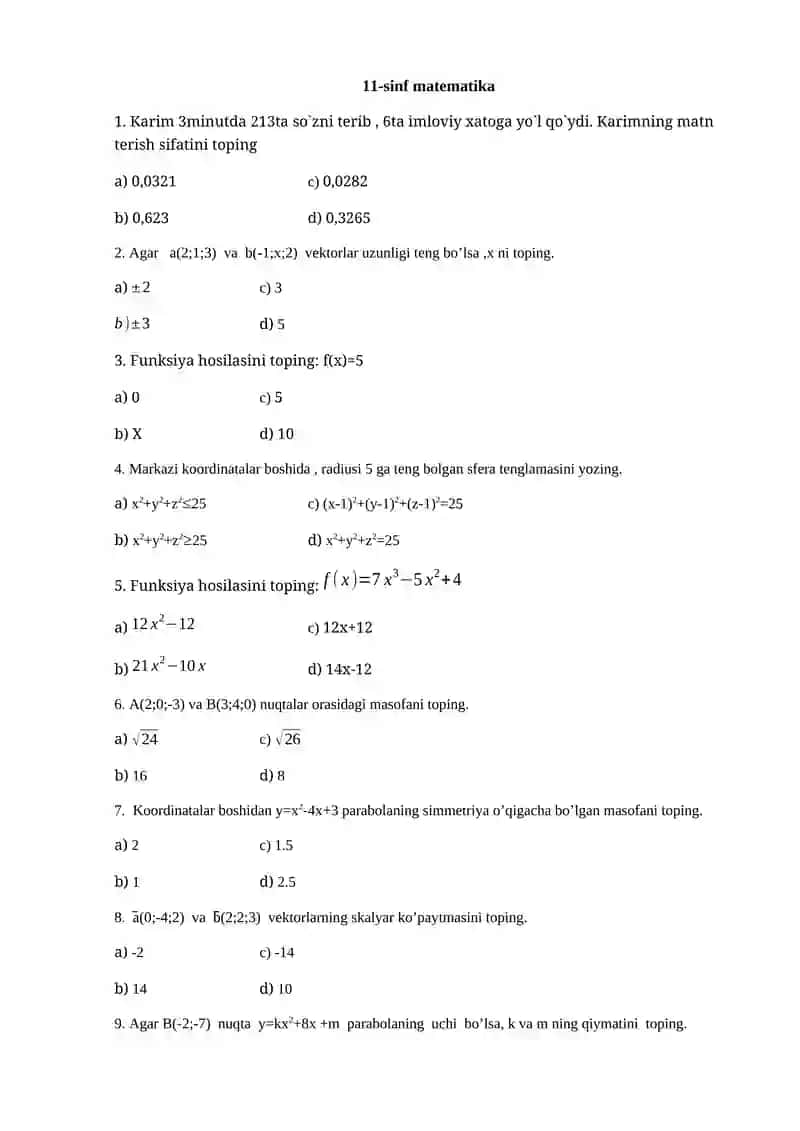 11-sinf matematika 15 ta test