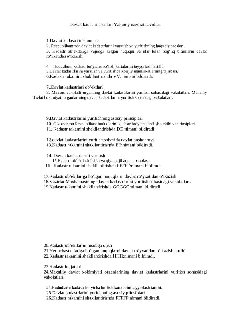 Davlat kadastri asoslari Yakuniy nazorat savollari 1