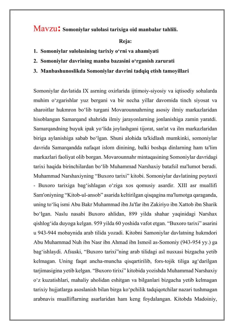 Somoniylar sulolasi tarixiga oid manbalar tahlili 1