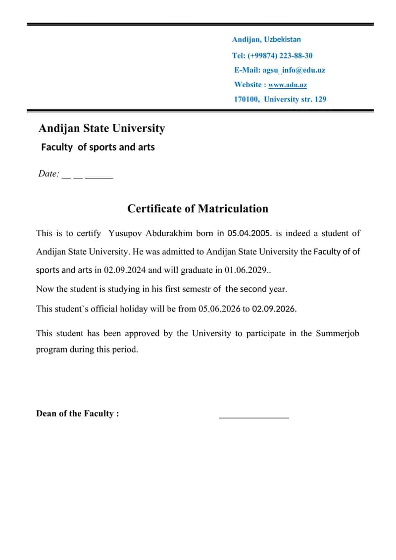 Certificate of Matriculation 1