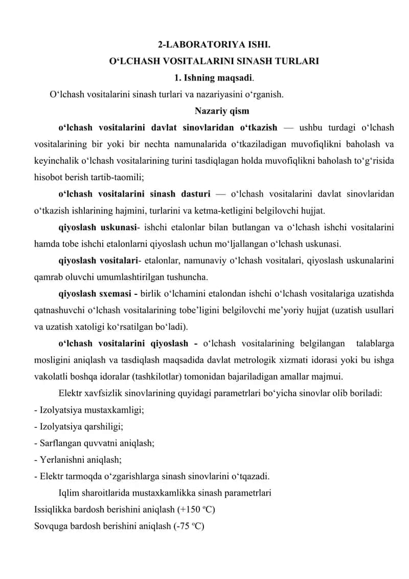 O‘LCHASH VOSITALARINI SINASH TURLARI 1
