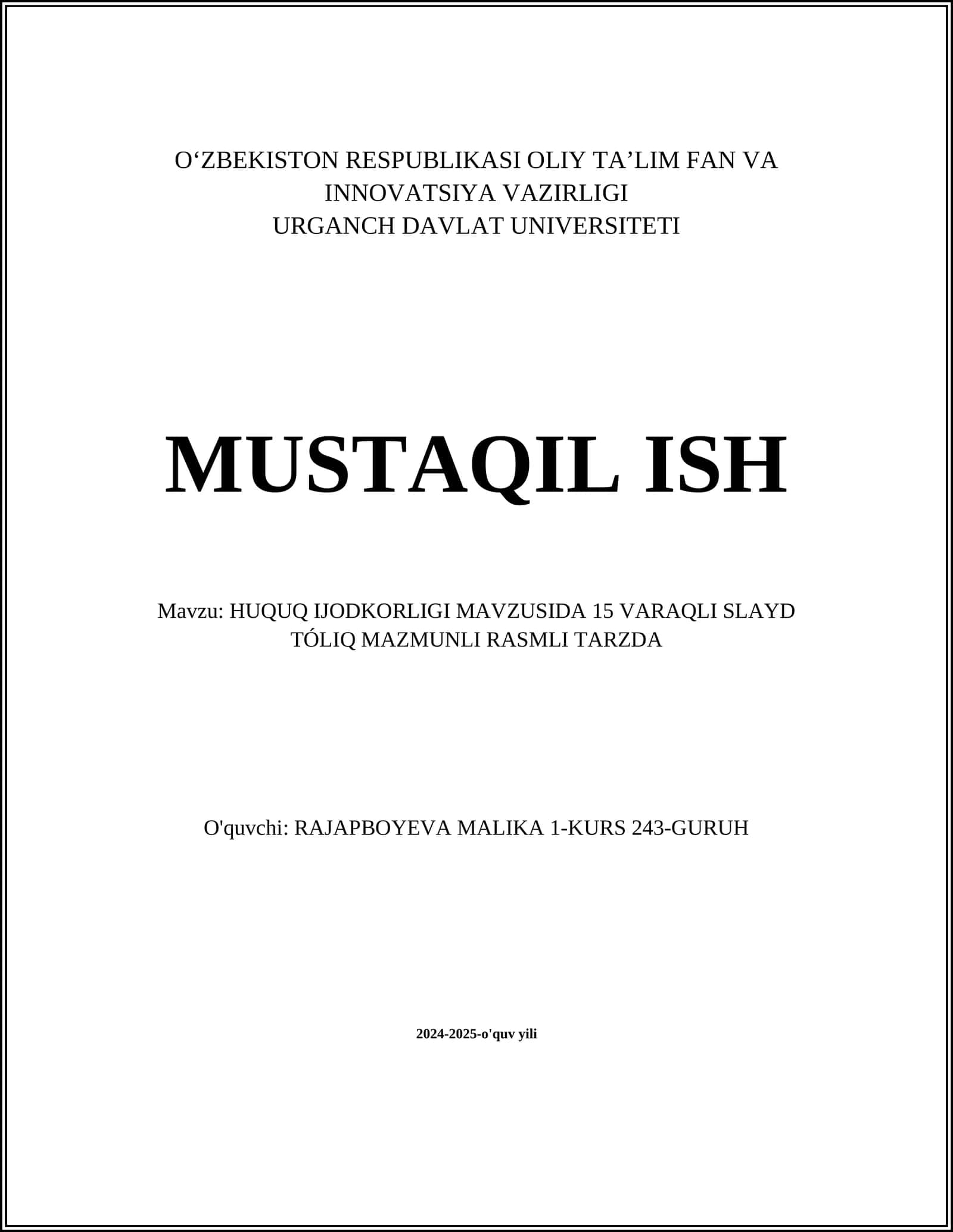 HUQUQ IJODKORLIGI MAVZUSIDA 15 VARAQLI SLAYD TÓLIQ MAZMUNLI RASMLI TARZDA 1