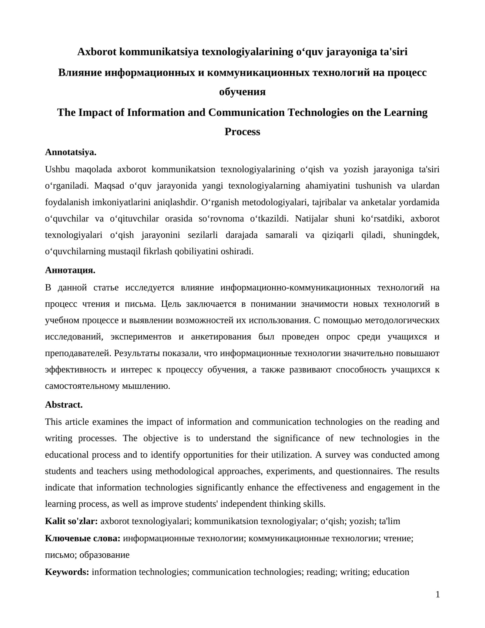 Axborot kommunikatsiya texnologiyalarining o‘quv jarayoniga ta'siri 1