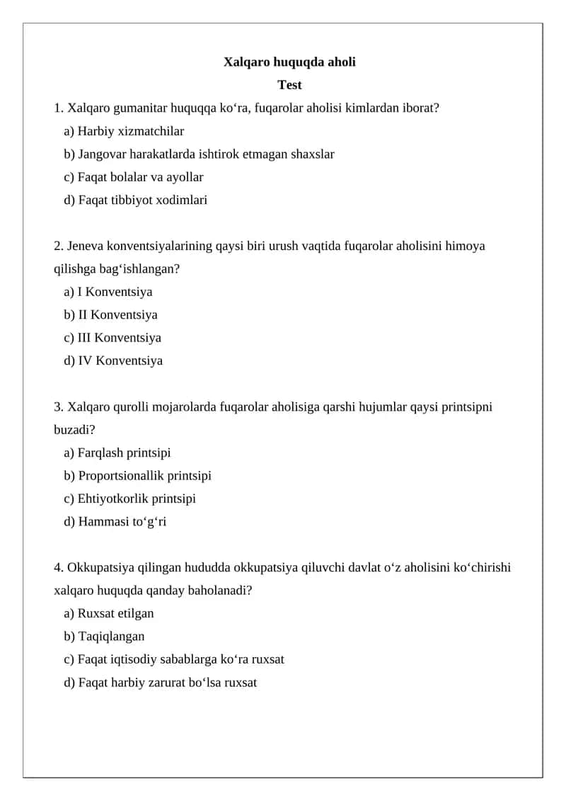 Xalqaro huquqda aholi Test 1