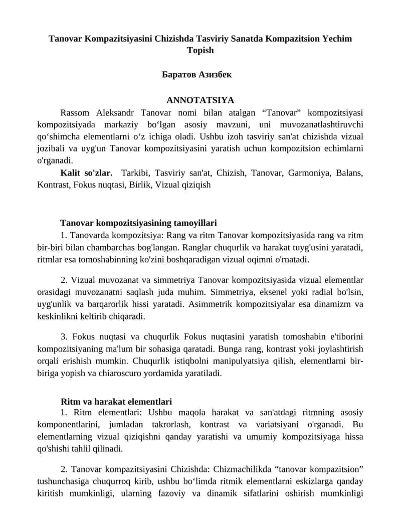 Tanovar Kompazitsiyasini Chizishda Tasviriy Sanatda Kompazitsion Yechim Topish 1