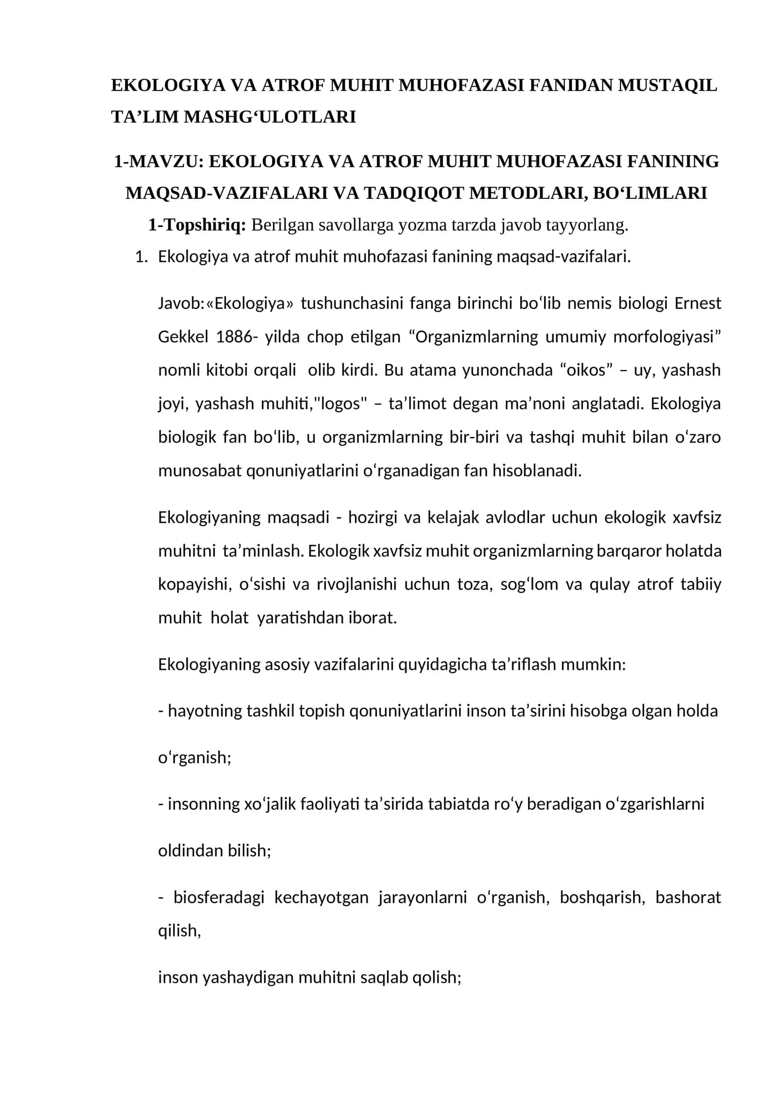 EKOLOGIYA VA ATROF MUHIT MUHOFAZASI FANIDAN MUSTAQIL TA’LIM MASHG‘ULOTLARI 1