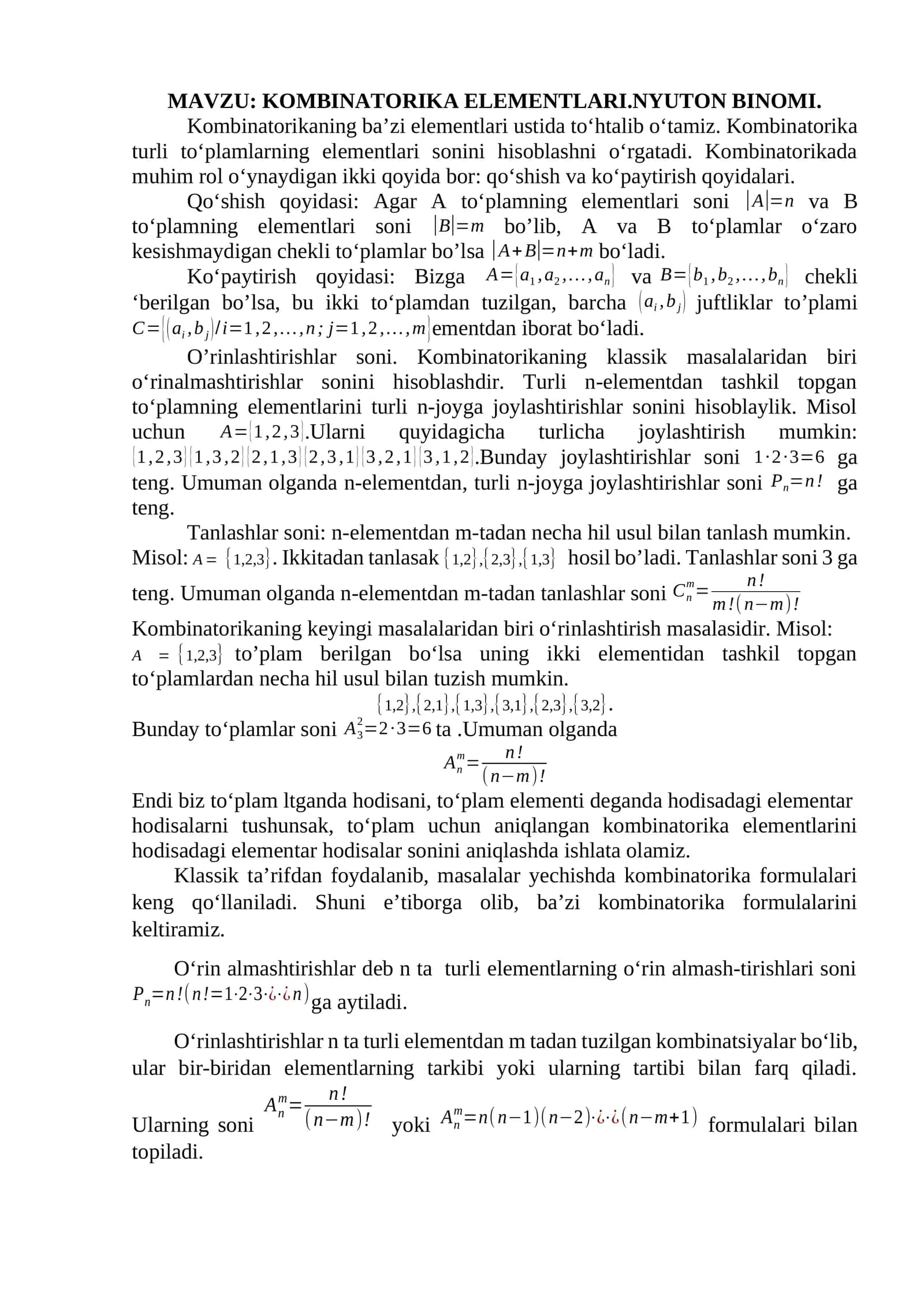 KOMBINATORIKA ELEMENTLARI.NYUTON BINOMI 1