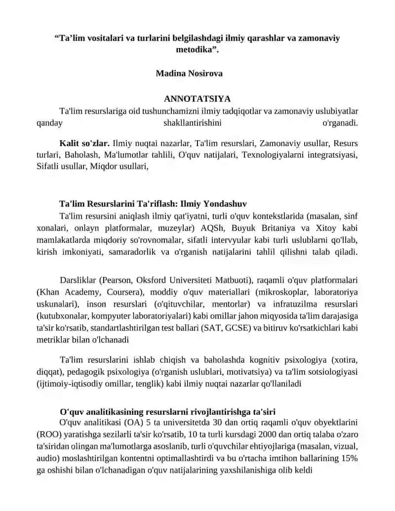 Ta'lim Resurslarini Ta'riflash: Ilmiy Yondashuv
