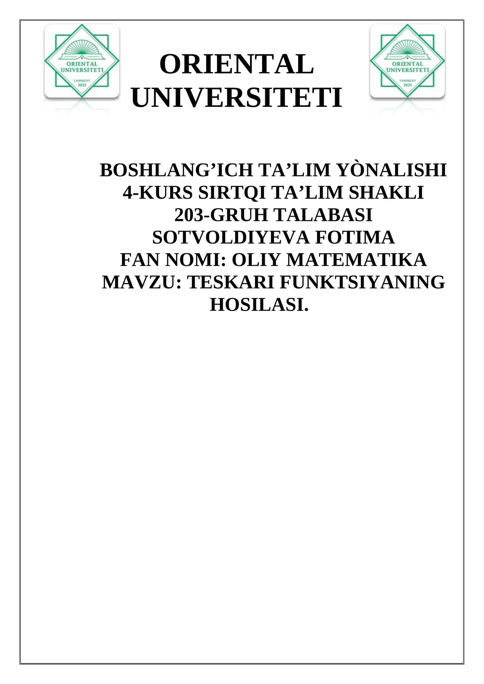 TESKARI FUNKTSIYANING HOSILASI 1