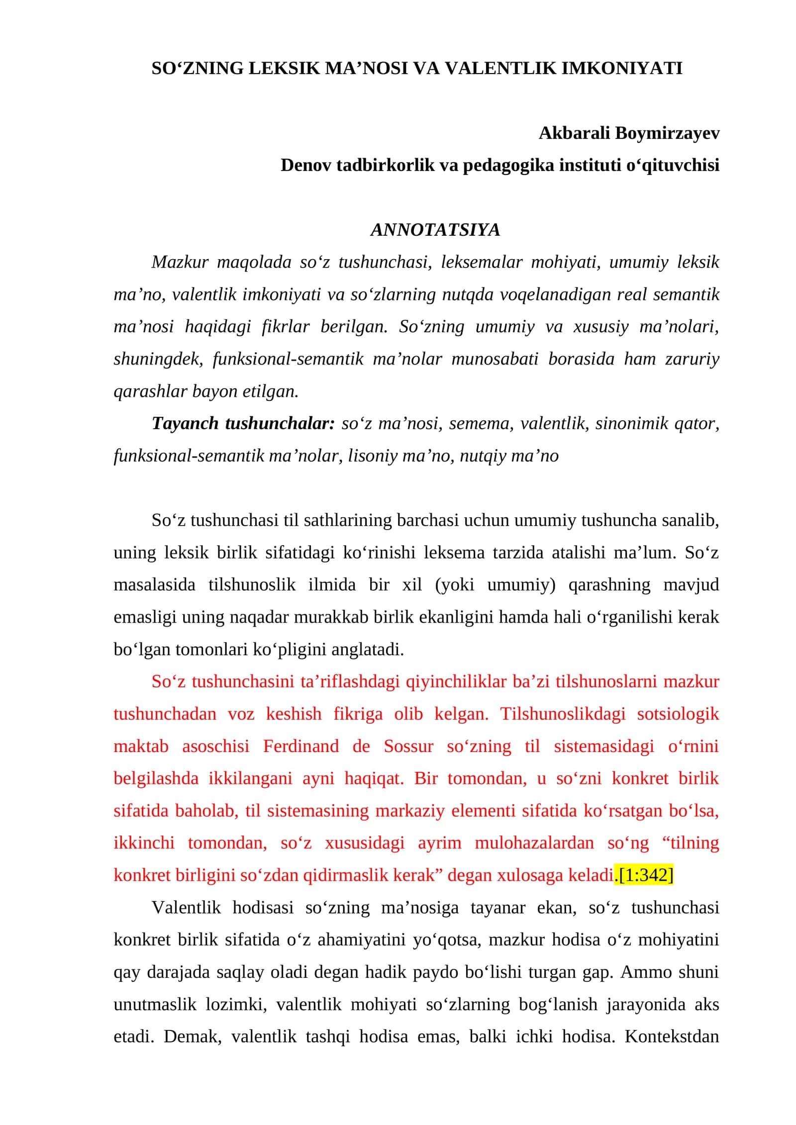 SO‘ZNING LEKSIK MA’NOSI VA VALENTLIK IMKONIYATI 1