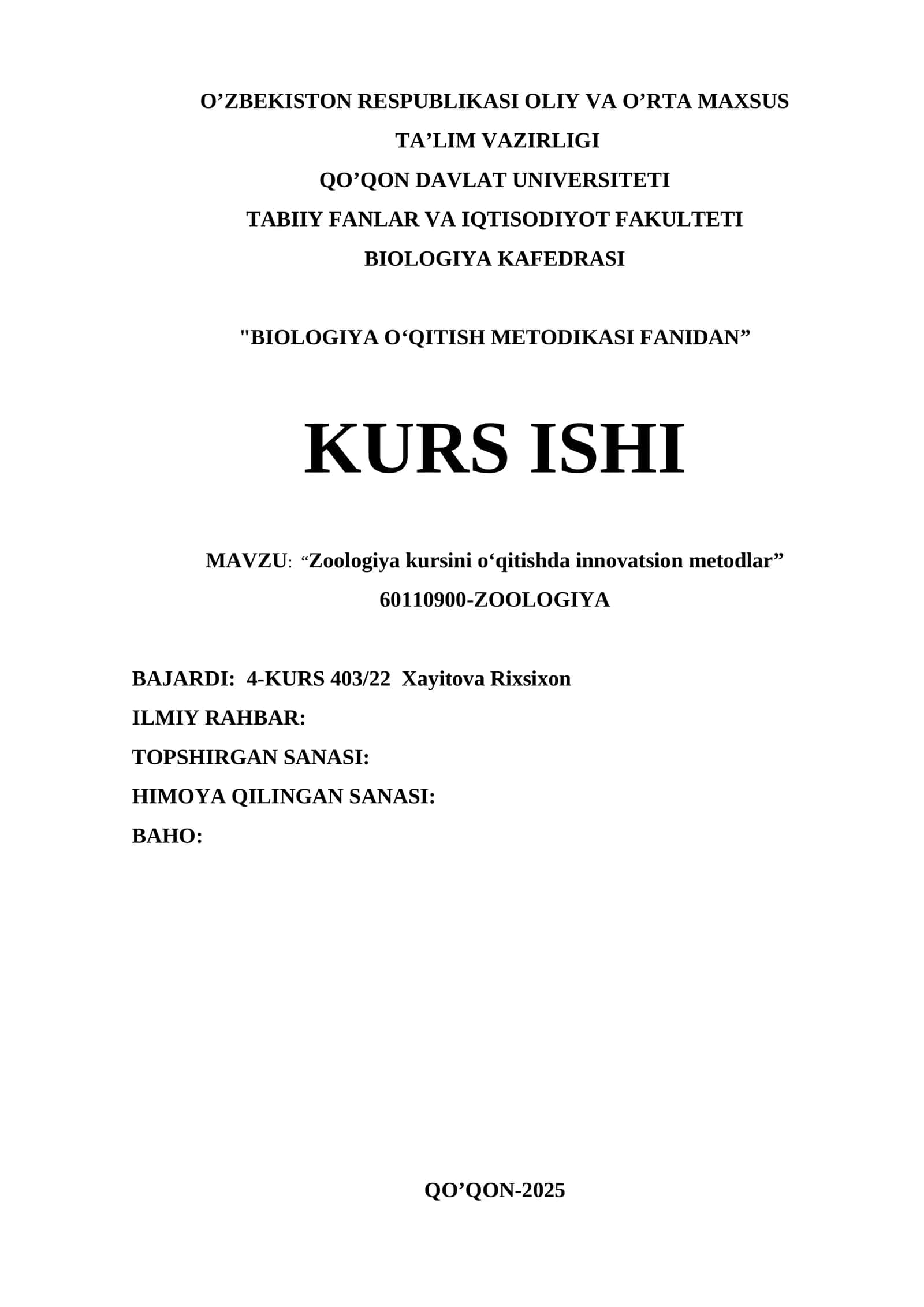 BIOLOGIYA OʻQITISH METODIKASI FANIDAN” 1