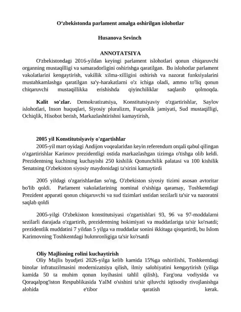 Parlament amalga oshirilgan islohotlar