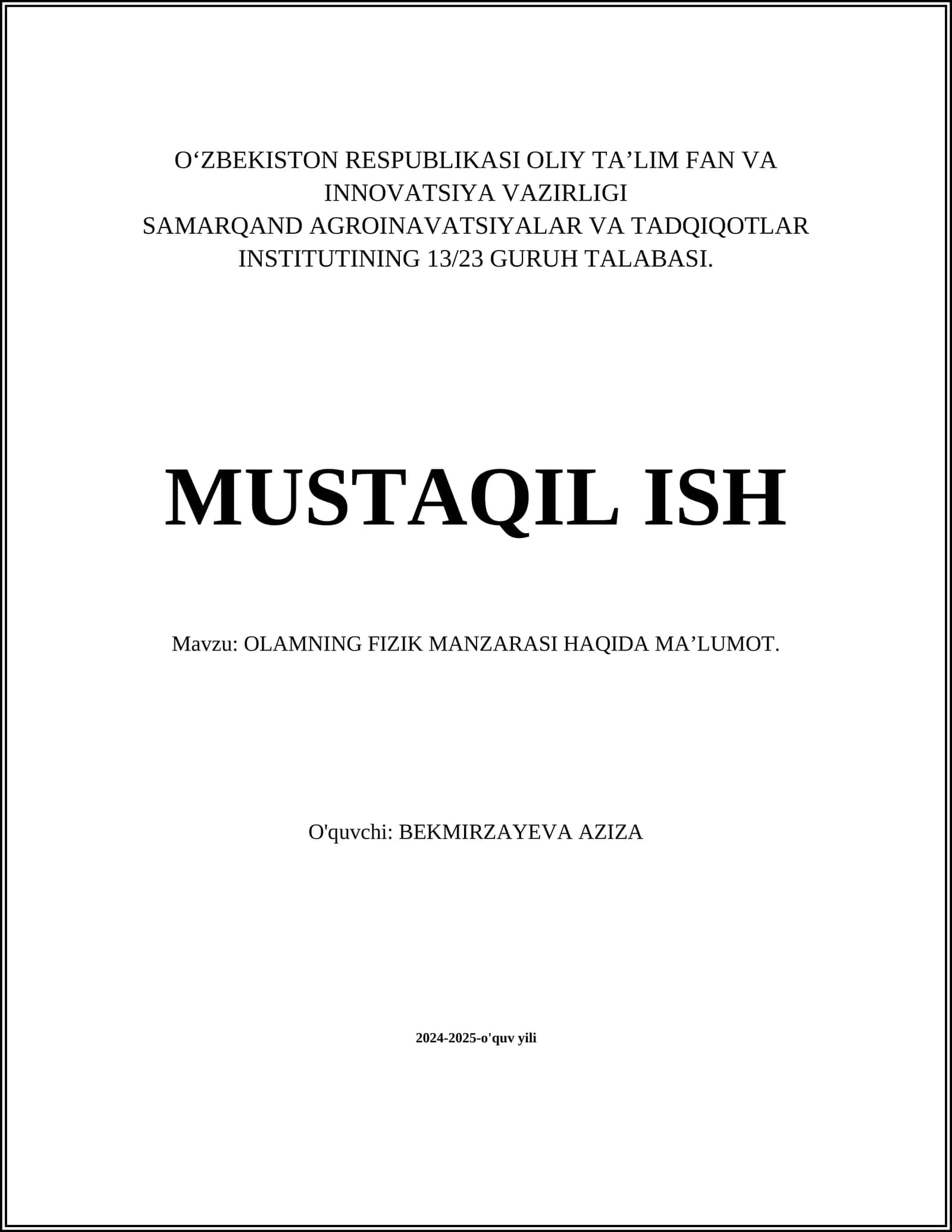 OLAMNING FIZIK MANZARASI HAQIDA MAʼLUMOT 1