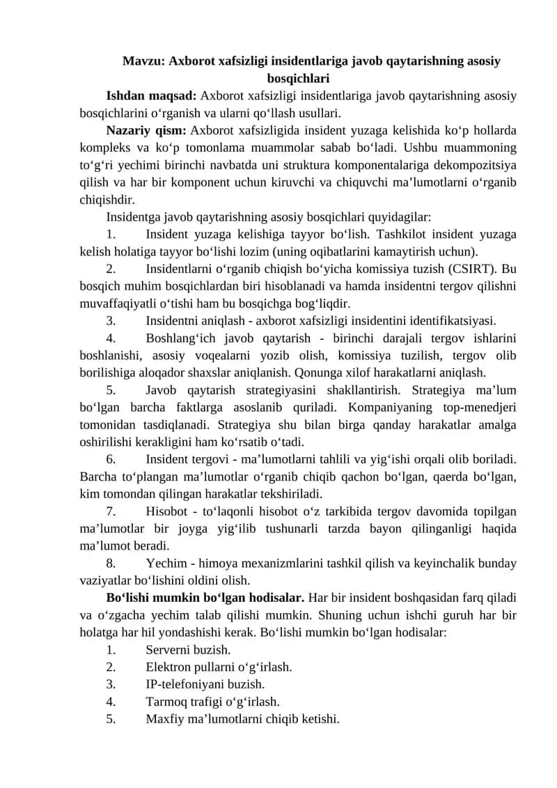 Axborot xafsizligi insidentlariga javob qaytarishning asosiy bosqichlari 1
