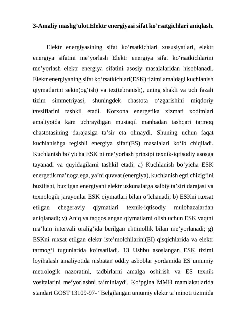 3-Amaliy mashg’ulot.Elektr energiyasi sifat ko’rsatgichlari aniqlash. 1