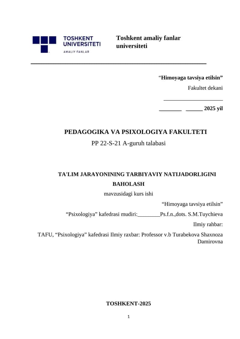 TA'LIM JARAYONINING TARBIYAVIY NATIJADORLIGINI BAHOLASH 1