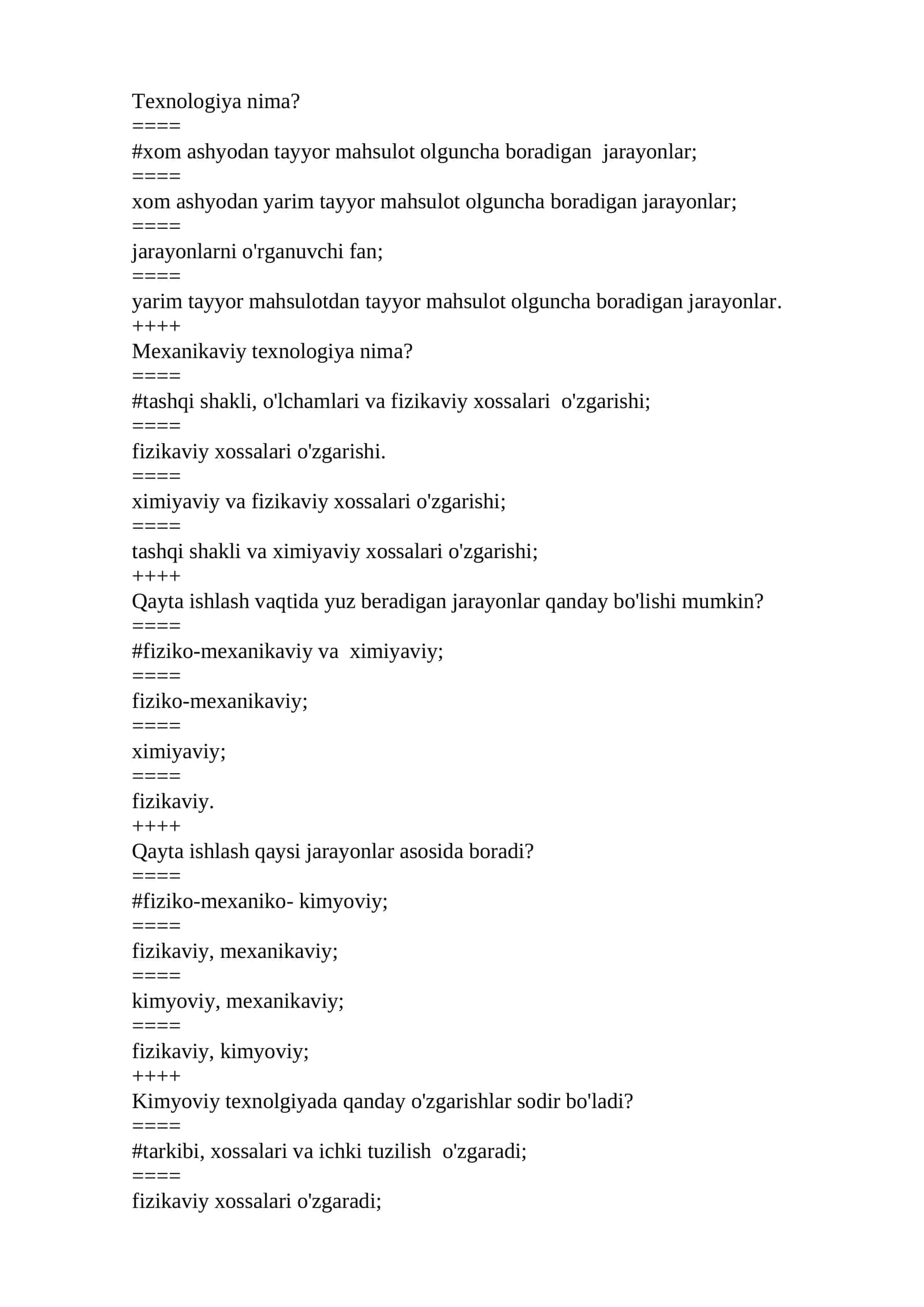 Texnologiya fanidan testlar 1