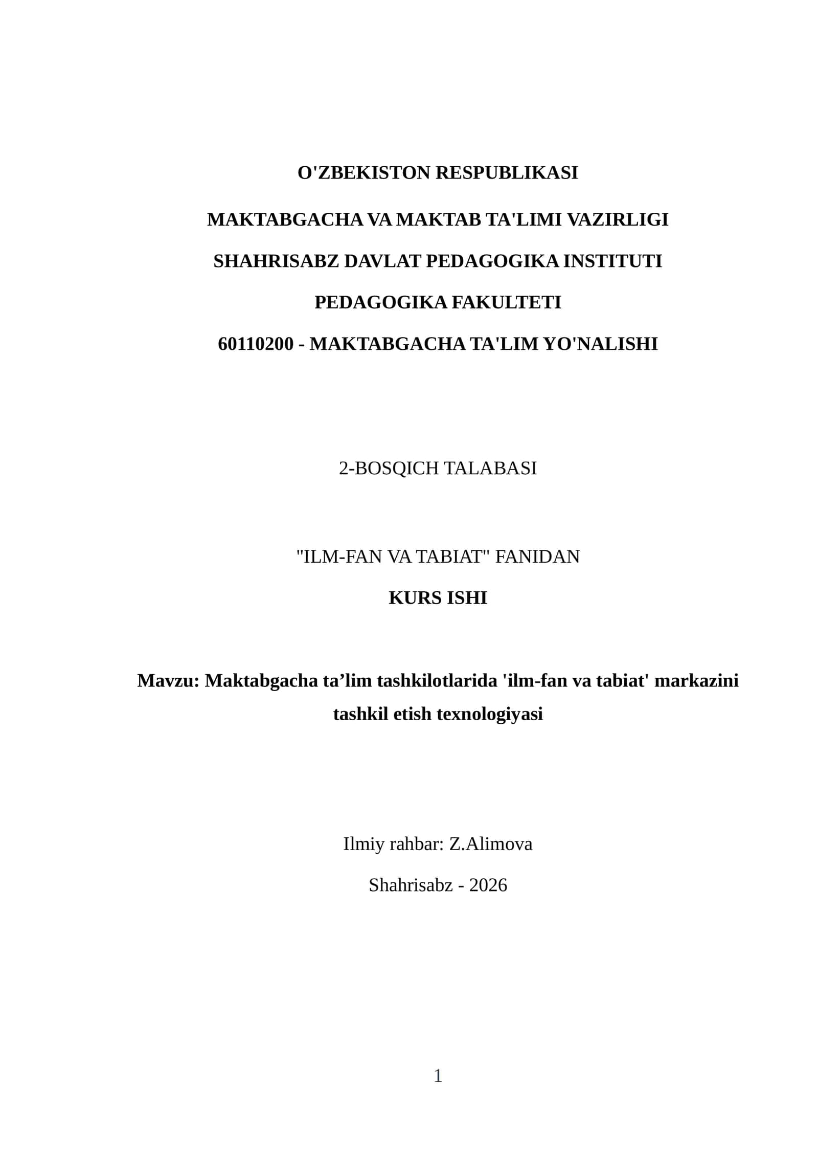 Maktabgacha taʼlim tashkilotlarida 'ilm-fan va tabiat' markazini tashkil etish texnologiyasi 1
