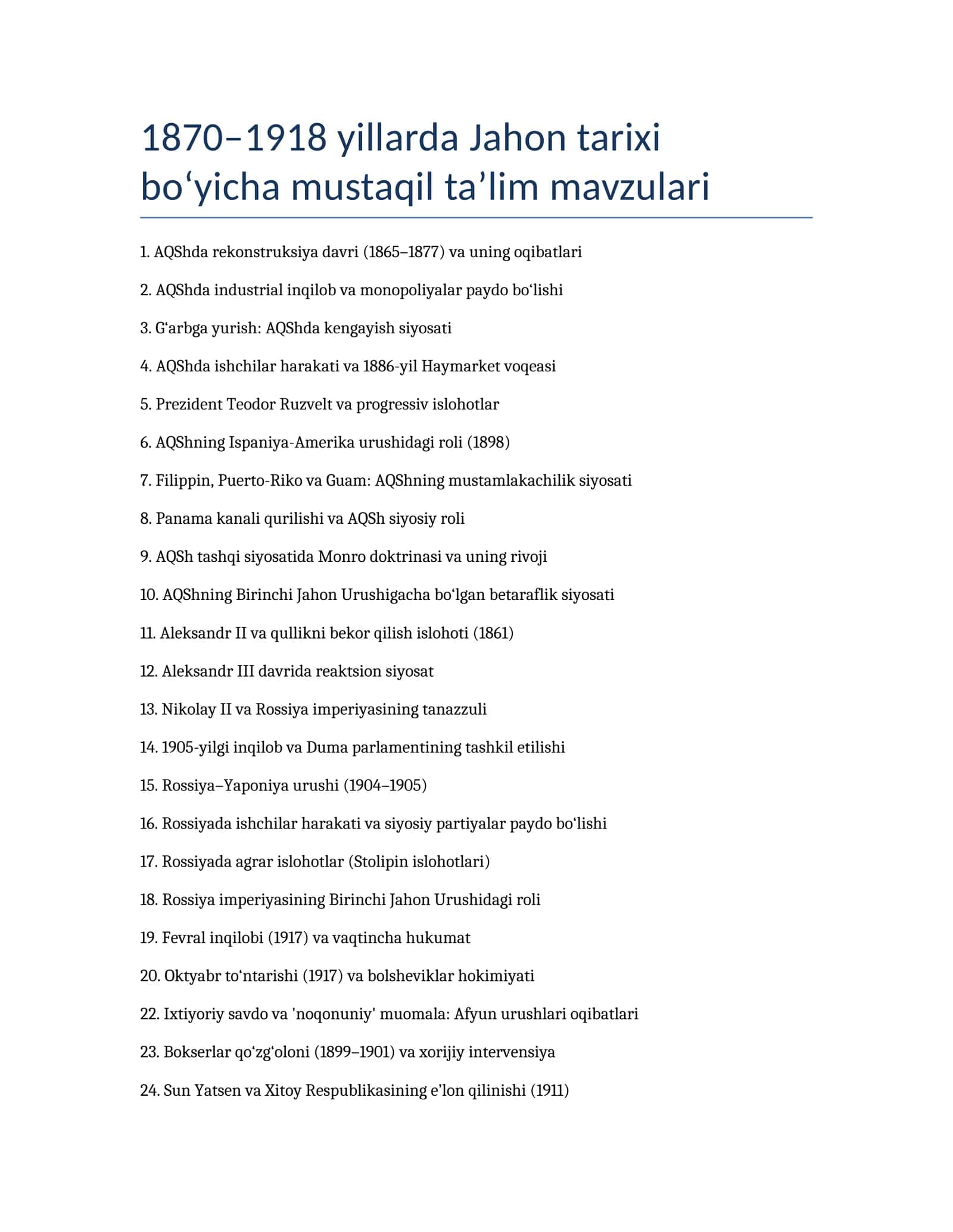 1870–1918 yillarda Jahon tarixi bo‘yicha mustaqil ta’lim mavzulari 1
