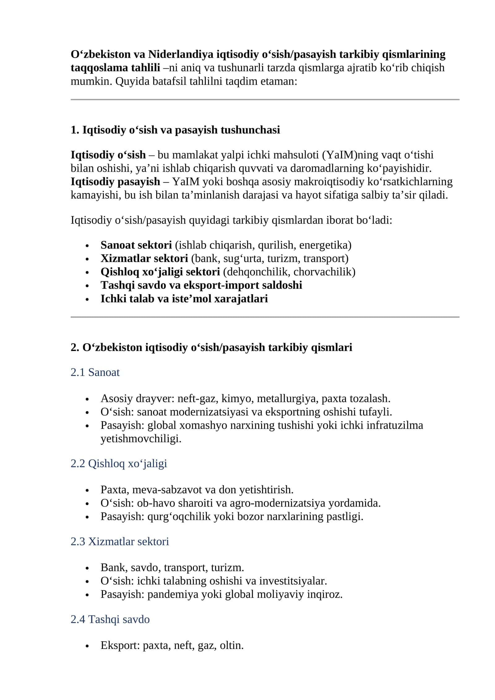 O'zbekiston va Niderlandiya iqtisodiy o‘sish/pasayish tarkibiy qismlarining taqqoslama tahlili 1