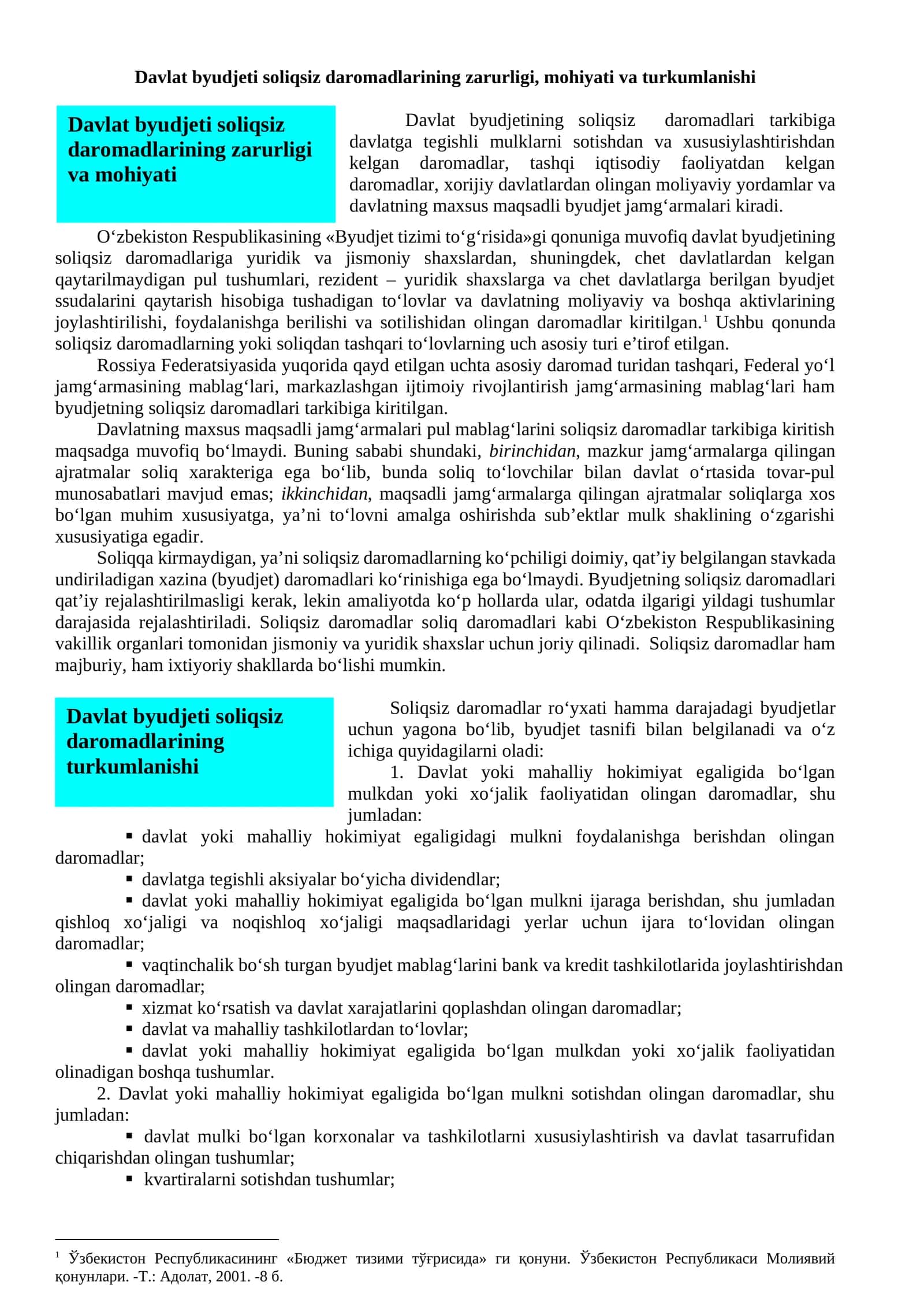 Davlat byudjeti soliqsiz daromadlarining zarurligi, mohiyati va turkumlanishi 1