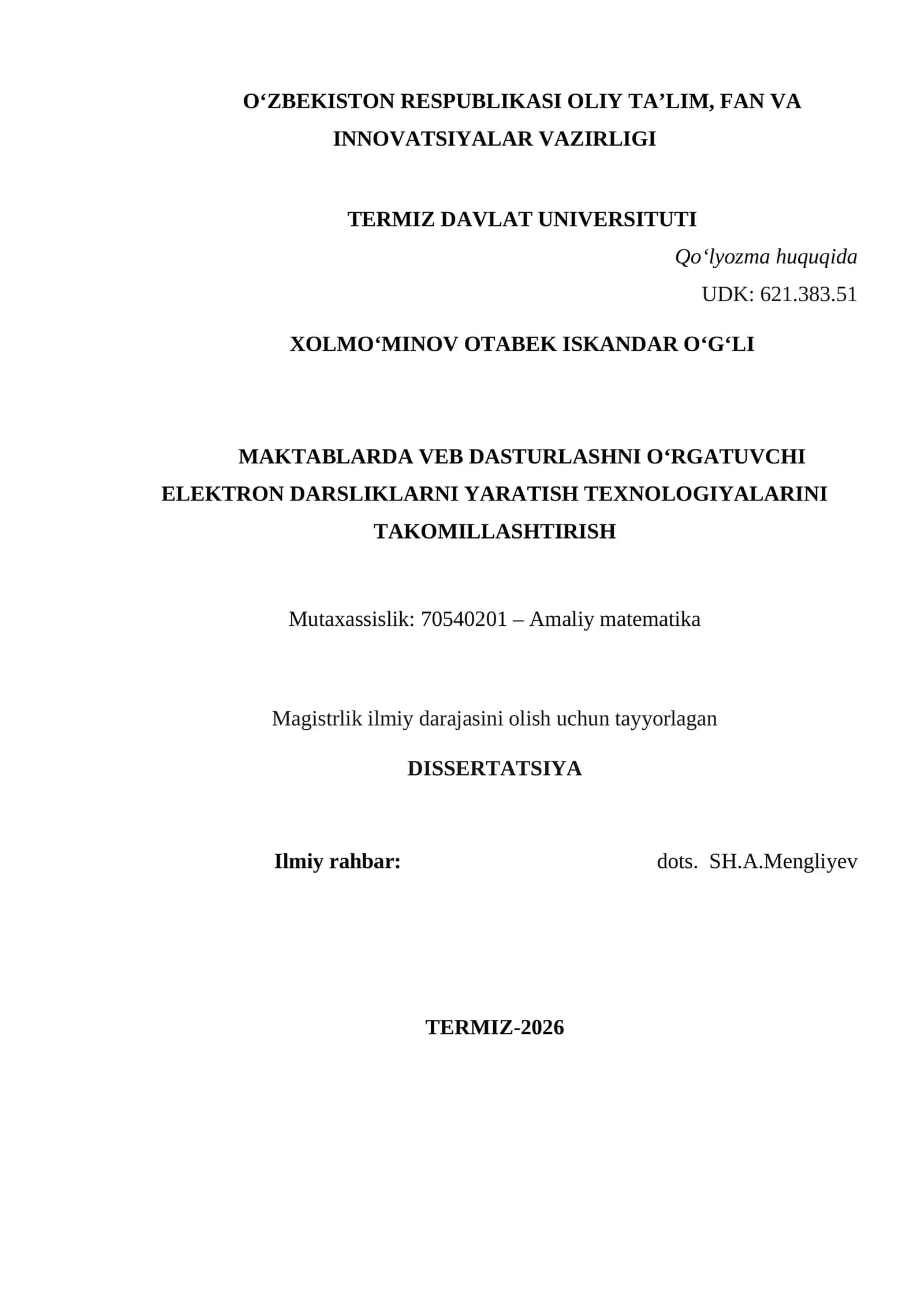 MAGISTRLIK DISSERTATSIYASI MAVZUSI 1