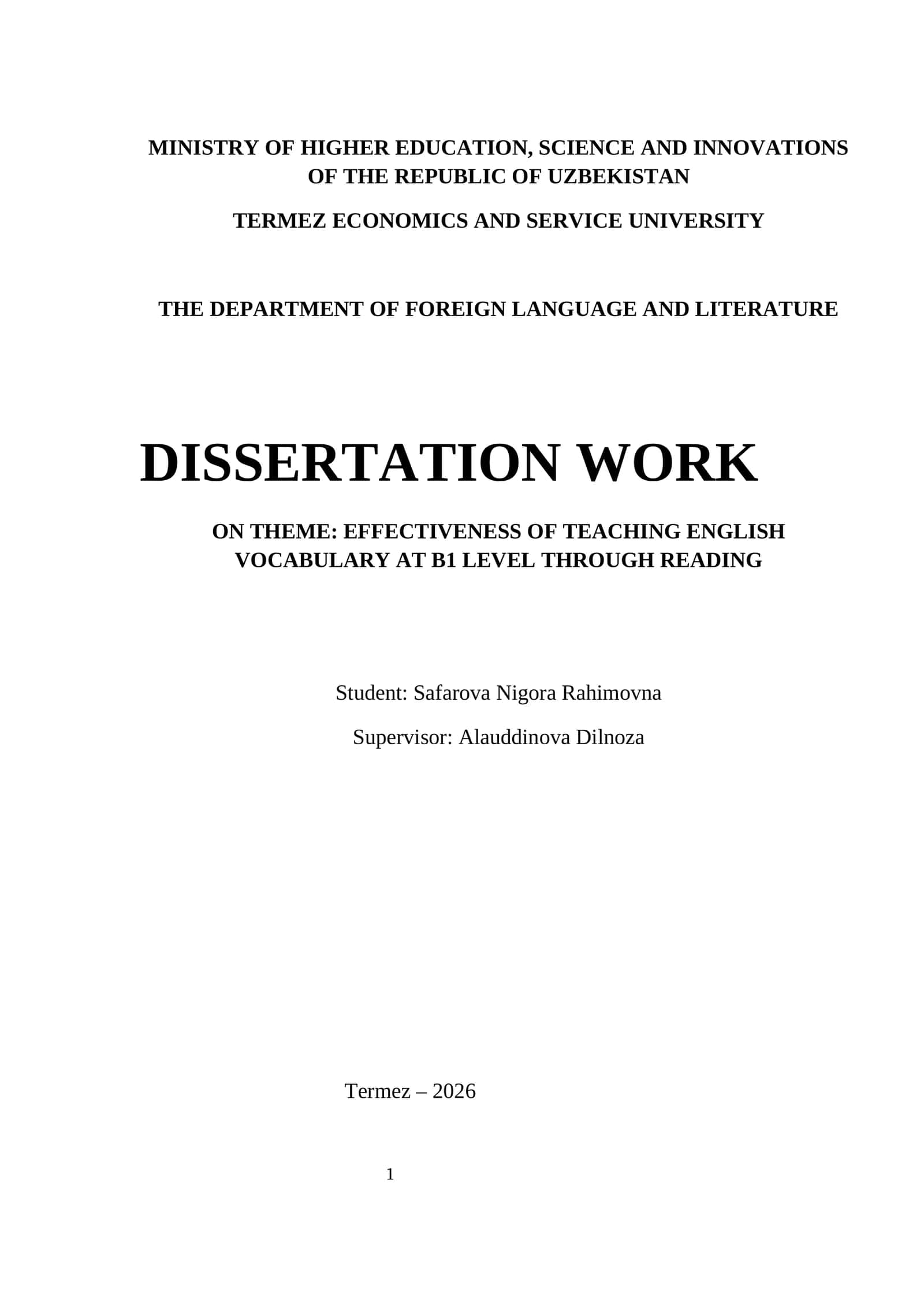DISSERTATION WORK ON THEME: EFFECTIVENESS OF TEACHING ENGLISH VOCABULARY AT B1 LEVEL THROUGH READING 1