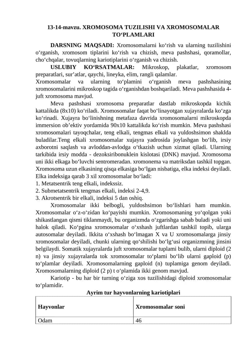 XROMOSOMA TUZILISHI VA XROMOSOMALAR TO‘PLAMLARI 1