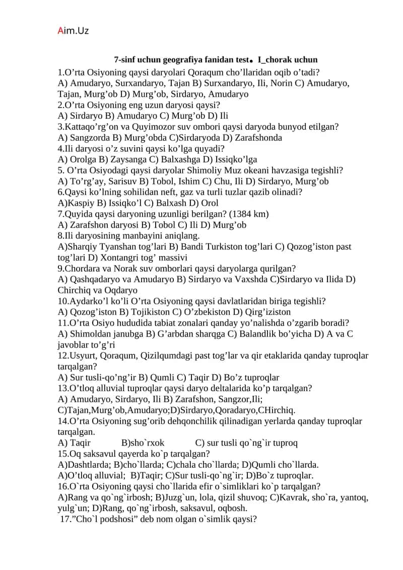 7-sinf uchun geografiya fanidan test. I_chorak uchun 1
