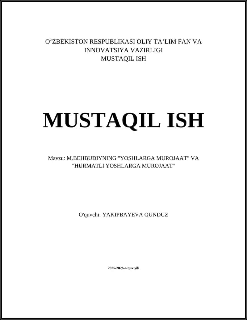 M.BEHBUDIYNING "YOSHLARGA MUROJAAT" VA "HURMATLI YOSHLARGA MUROJAAT" 1