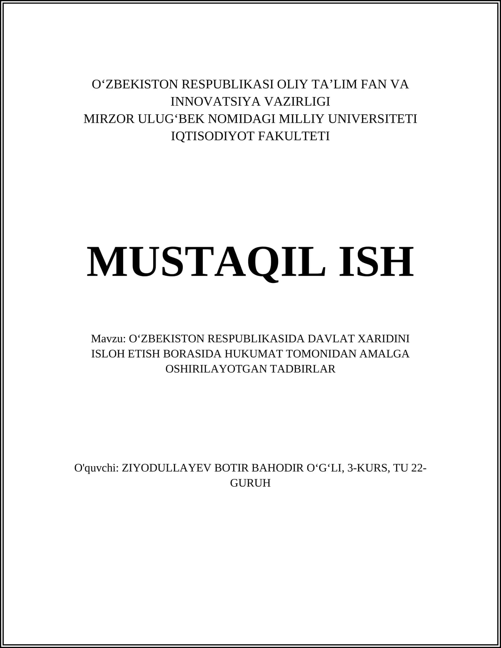 OʻZBEKISTON RESPUBLIKASIDA DAVLAT XARIDINI ISLOH ETISH BORASIDA HUKUMAT TOMONIDAN AMALGA OSHIRILAYOTGAN TADBIRLAR 1