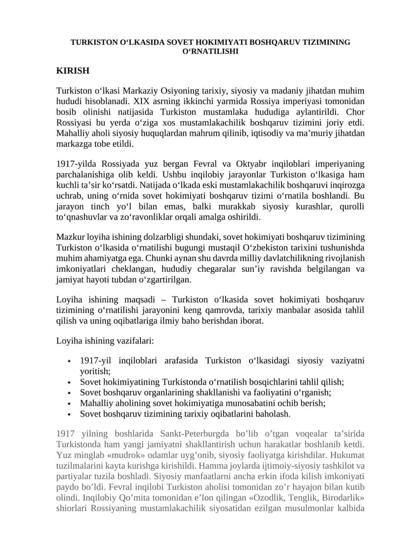 Turkiston O‘lkasida Sovet Hokimiyati Boshqaruv Tizimining O‘rnatilishi 1
