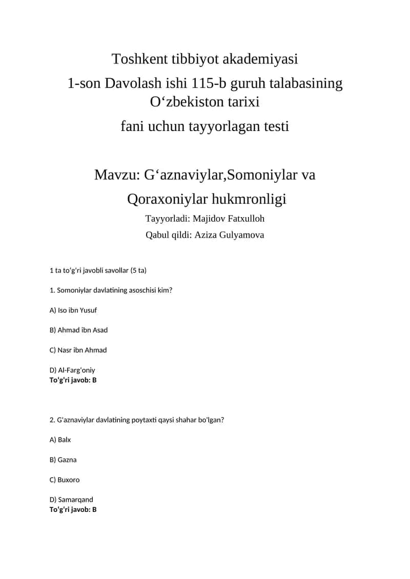 1-son Davolash ishi 115-b guruh talabasining O‘zbekiston tarixi fani uchun tayyorlagan testi 1