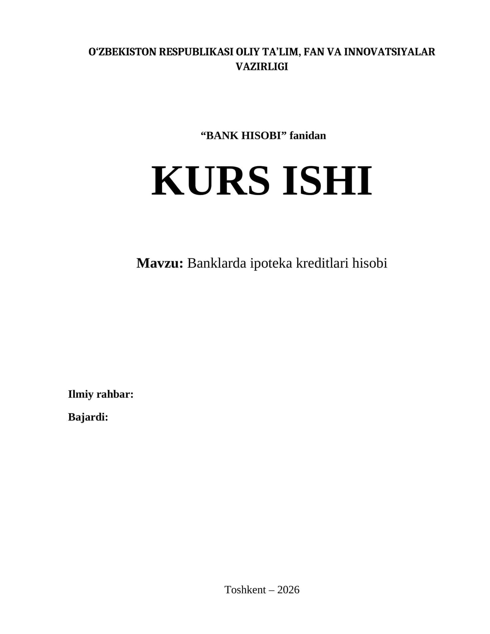 Banklarda ipoteka kreditlari hisobi kursi 1