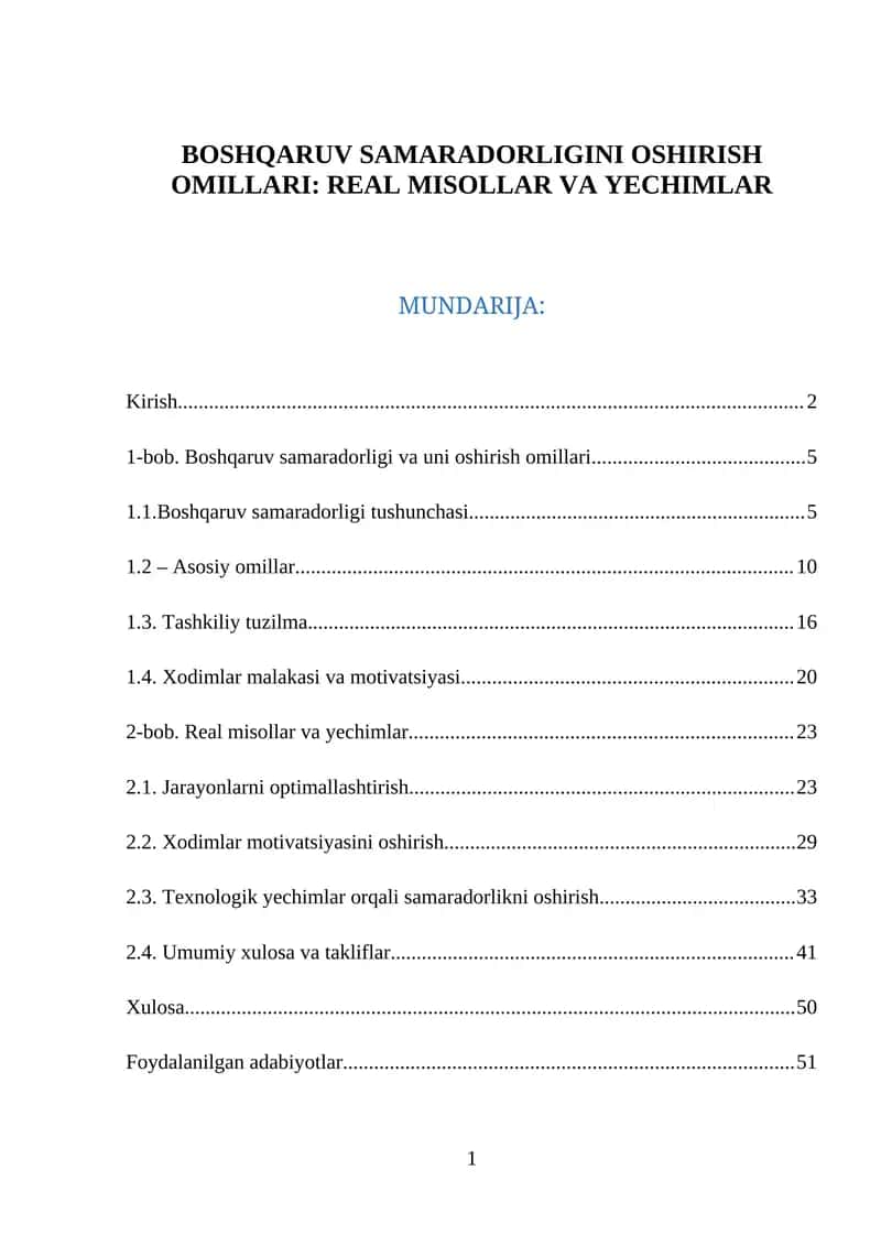 BOSHQARUV SAMARADORLIGINI OSHIRISH OMILLARI: REAL MISOLLAR VA YECHIMLAR 1
