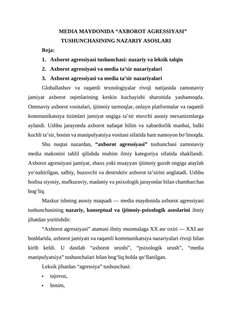 MEDIA MAYDONIDA “AXBOROT AGRESSIYASI” TUSHUNCHASINING NAZARIY ASOSLARI 1