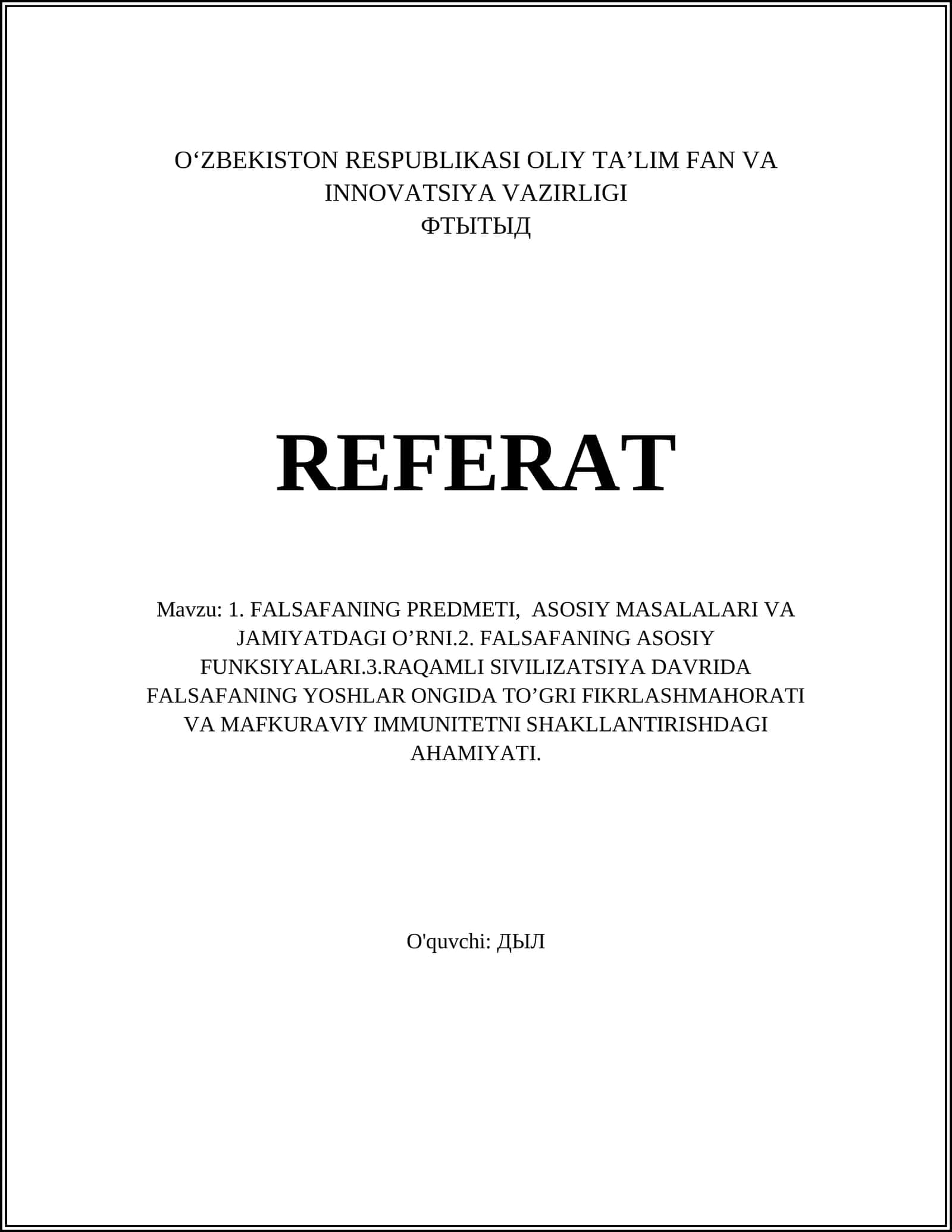 Falsafaning Predmeti va Metodologiyasi: Asosiy Tushunchalar 1